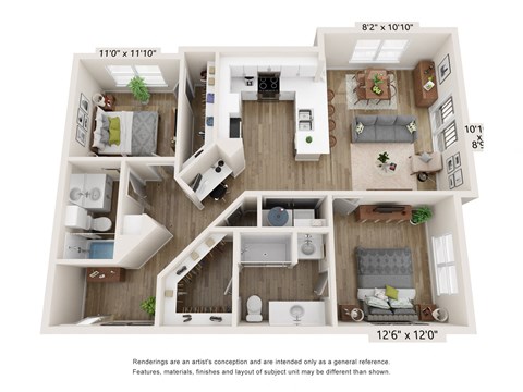 Floor plan for 2 beds, 2 baths, 1129 sqft